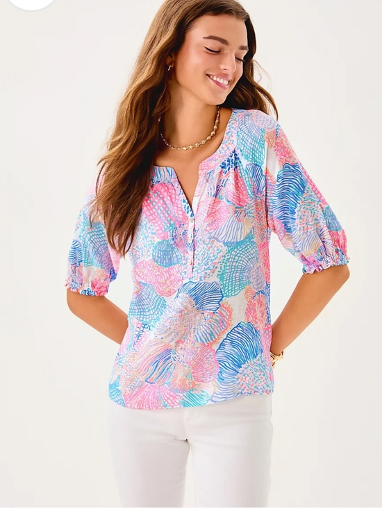 Lilly Pulitzer Tops - Lilly Pulitzer Seacoast Linen Caprina Roar Of The Seas Puff Sleeve Top Medium